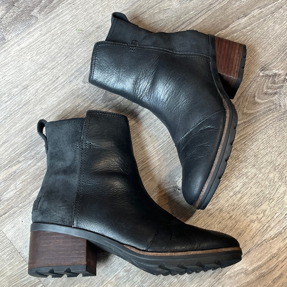 Sorel Cate Black Leather Suede Ankle Boots Waterproof Block Heel NL3381-010 6